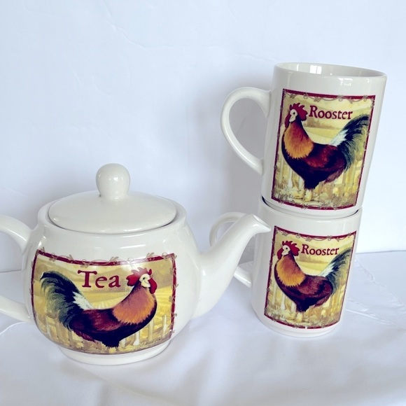 Bay Island Rooster Teapot and Two Tea/Coffee Cups Farmhouse Country Kitc… - Picture 8 of 16